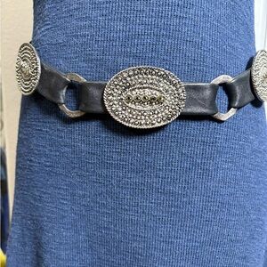 Chic Black Leather and Silver Concho Women's Belt. All Beading Intact. Western